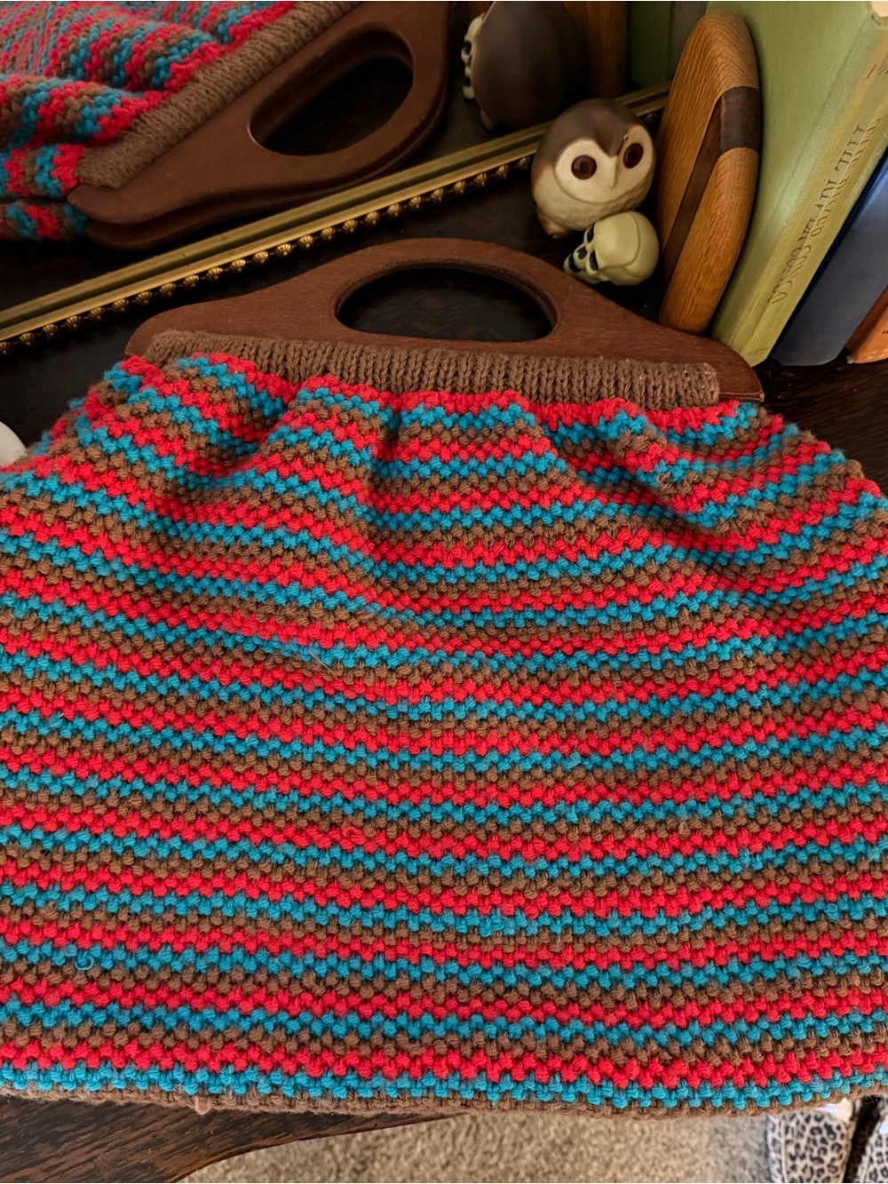 Striped Knit Women’s handbag in Brown, Red & blue